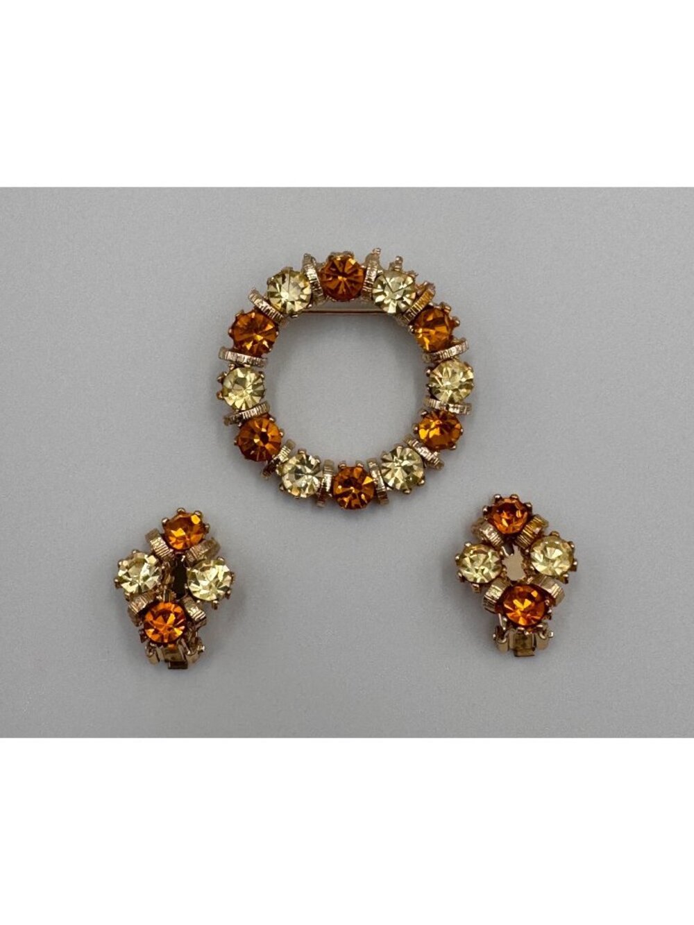 Vintage Camelot Attributed Rhinestone Brooch Earrings Set Amber Yellow